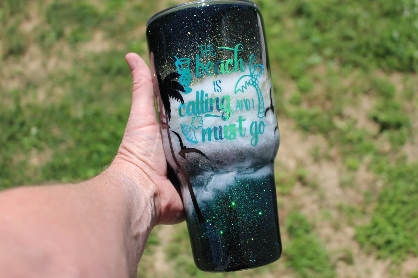 Beach at Night, Custom Glitter Tumbler featuring Palm Trees and Sea Gulls