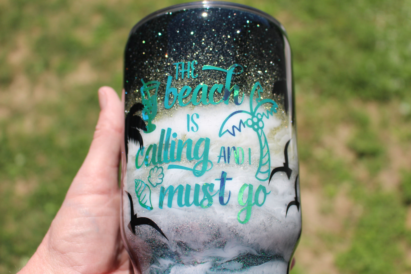 Beach at Night, Custom Glitter Tumbler featuring Palm Trees and Sea Gulls