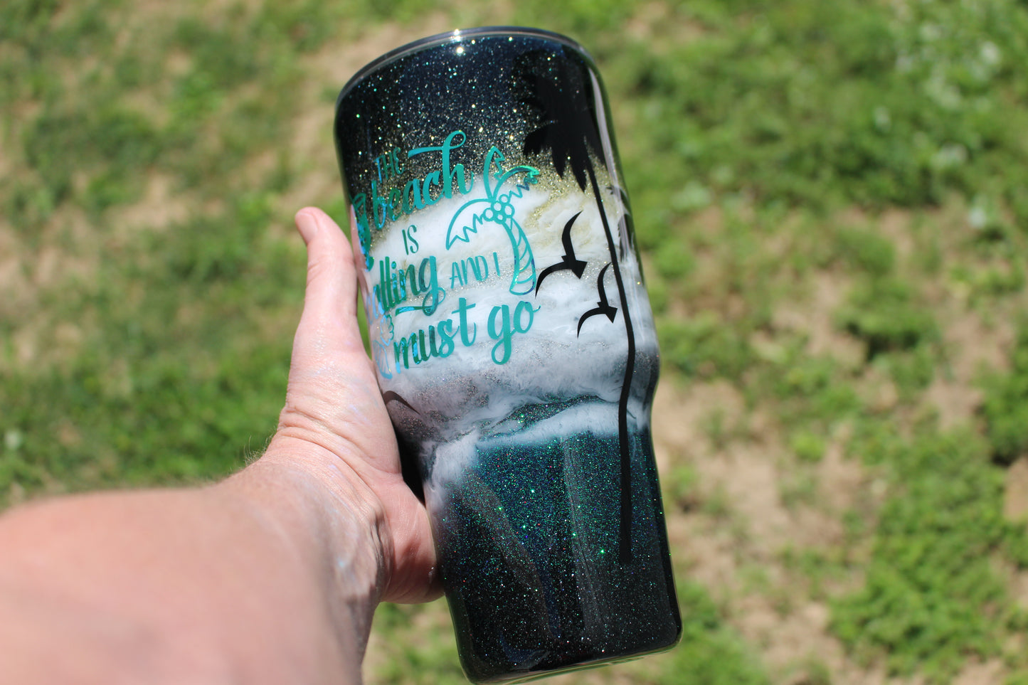 Beach at Night, Custom Glitter Tumbler featuring Palm Trees and Sea Gulls