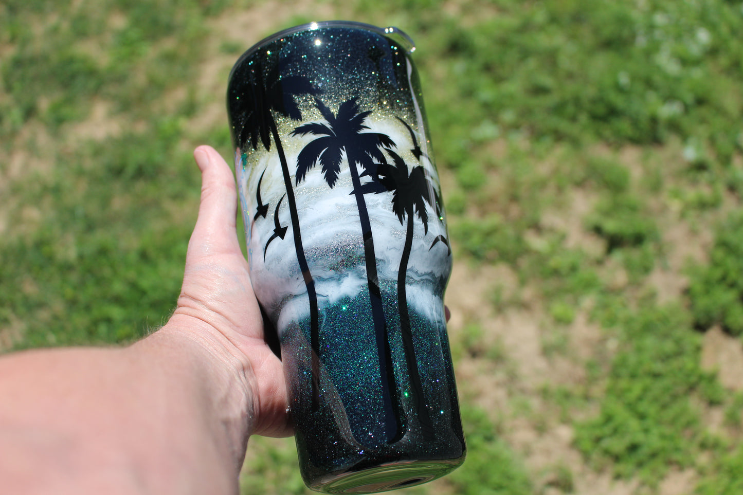 Beach at Night, Custom Glitter Tumbler featuring Palm Trees and Sea Gulls