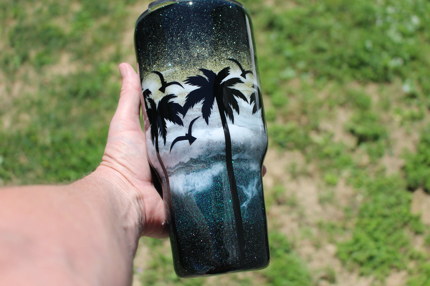 Beach at Night, Custom Glitter Tumbler featuring Palm Trees and Sea Gulls