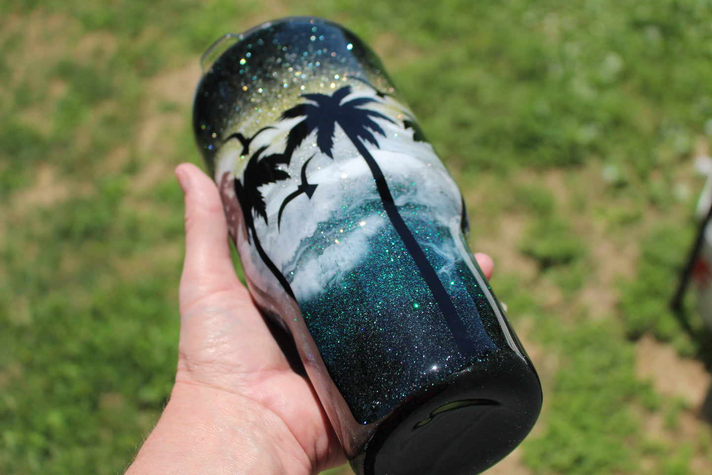 Beach at Night, Custom Glitter Tumbler featuring Palm Trees and Sea Gulls