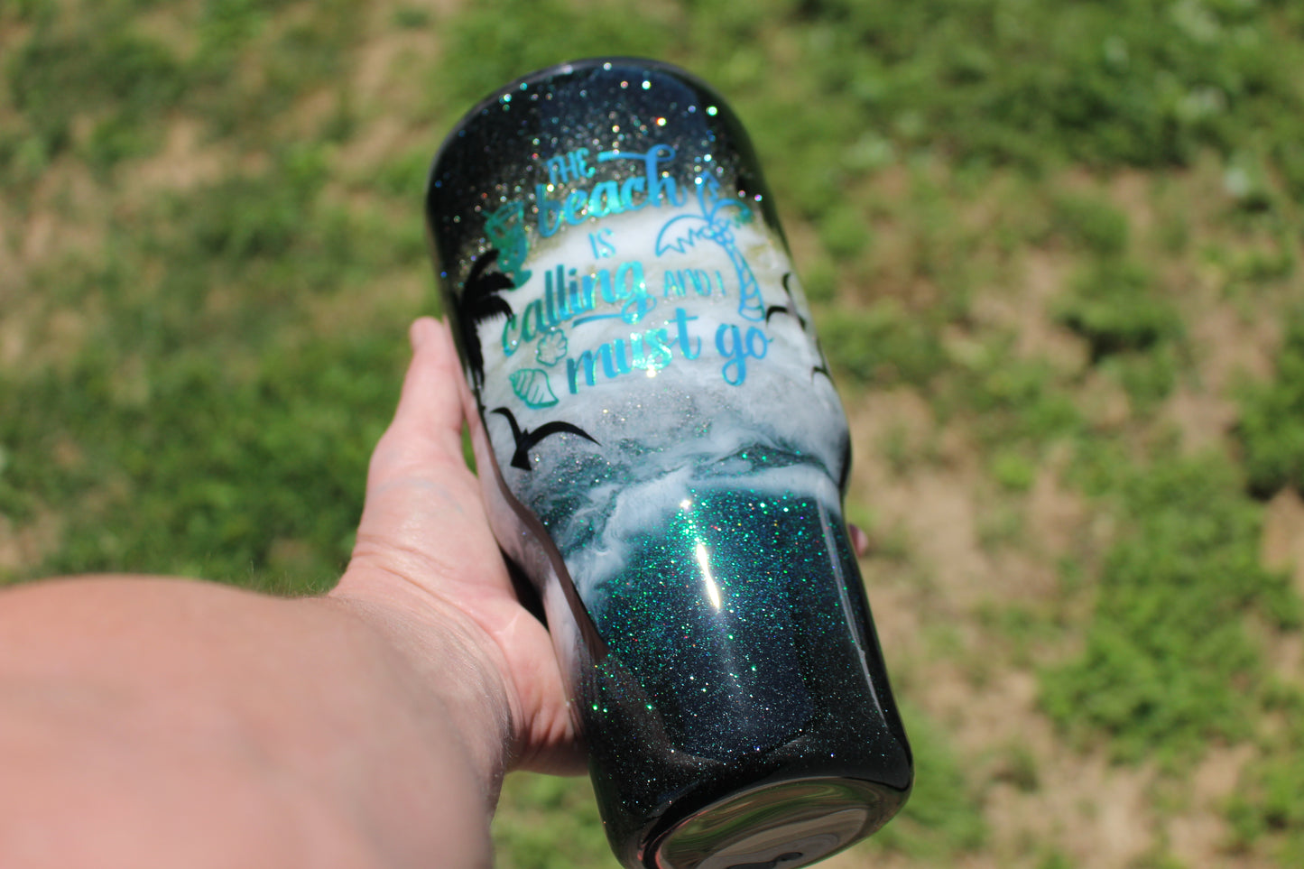 Beach at Night, Custom Glitter Tumbler featuring Palm Trees and Sea Gulls