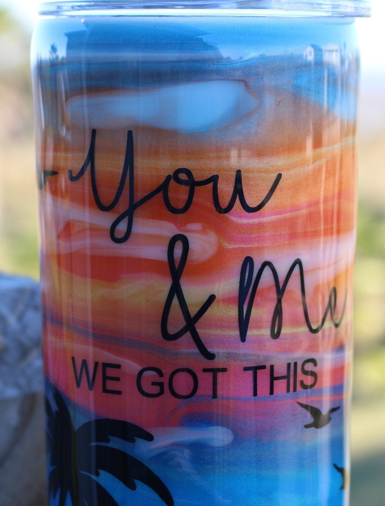 Romantic Sunset Beach Tumbler, Husband & Wife Beach, Palm Tree, Romantic Glitter, Anniversary Tumbler, Wife Tumbler, Palm Tree Tumbler