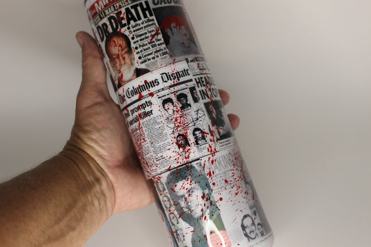 Serial Killer Newspaper Headlines Tumbler | True Crime Junkie Gift | Murder Shows Cup | Blood Splatter Tumbler | Serial Killer Tumbler Cup